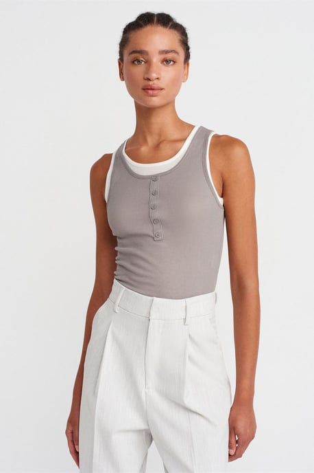 Katoenen Geribbelde Mouwloze Knopblouse - Image 3
