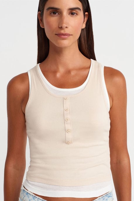 Katoenen Geribbelde Mouwloze Knopenblouse - Image 3