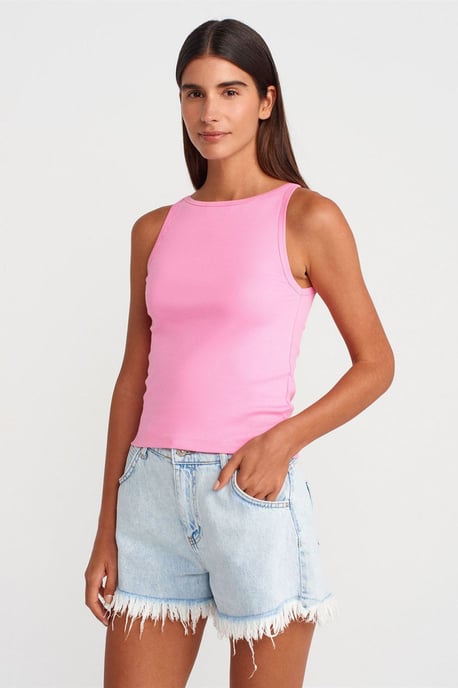 Ribbad Halterneck Slim-Fit Blus - Image 1