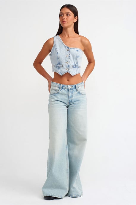 Tajt bomulldenimcroppblus - Image 3