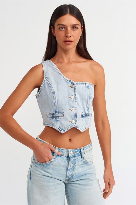 Tajt bomulldenimcroppblus - Image 4