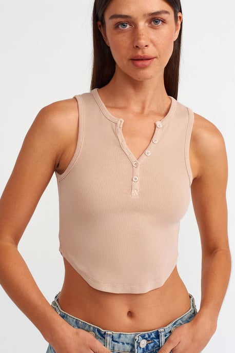 Vrouwen Geribbelde Cropped Blouse Met Knopen - Image 1