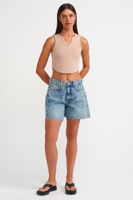 Vrouwen Geribbelde Cropped Blouse Met Knopen - Image 3