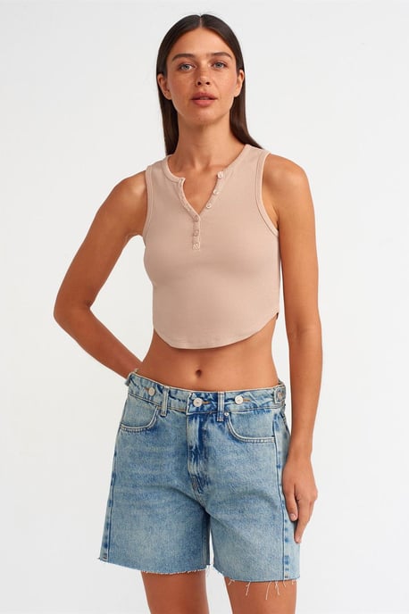 Vrouwen Geribbelde Cropped Blouse Met Knopen - Image 4