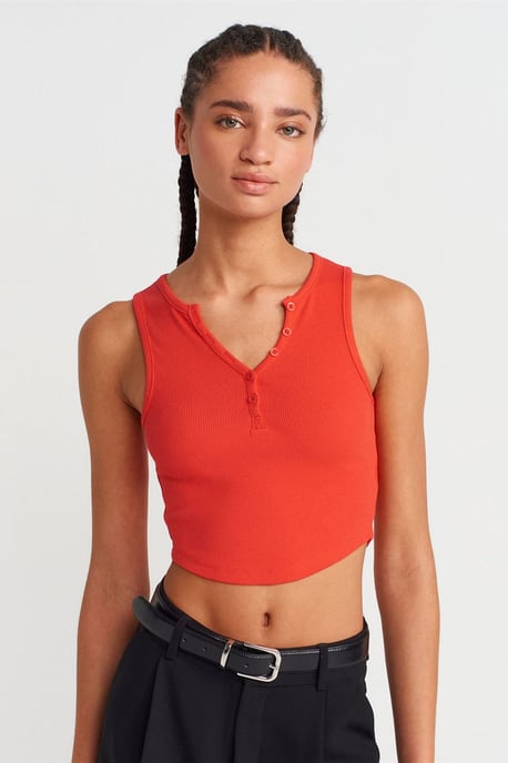 Dames Geribde Cropped Blouse Met Knopen - Image 1