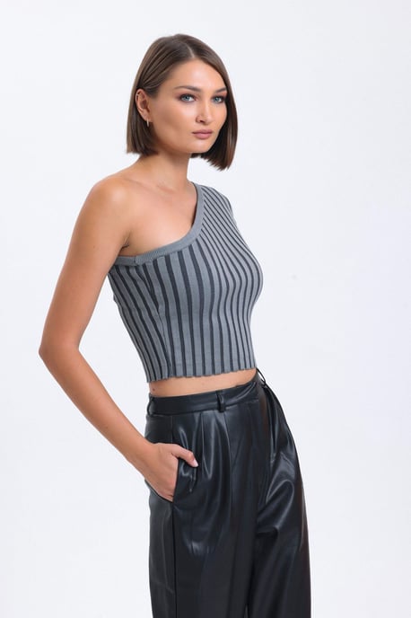 Randig En Axels Stickad Ribbad Kort Blus - Image 2