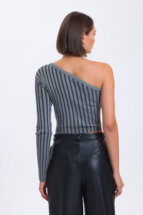 Randig En Axels Stickad Ribbad Kort Blus - Image 3