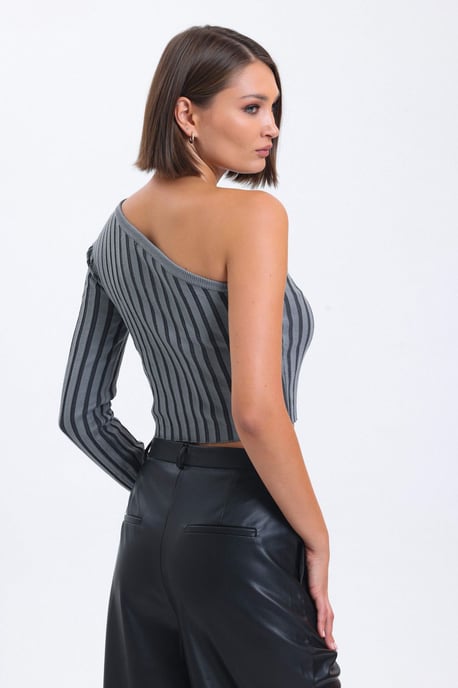Randig En Axels Stickad Ribbad Kort Blus - Image 4