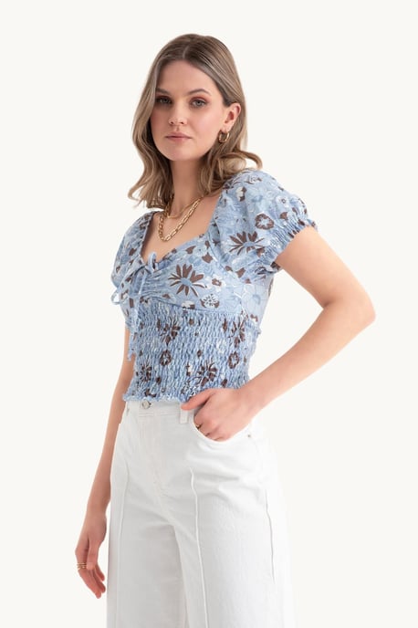 Blommig Sweetheart-halsringning Smockad Topp med Puffärmar - Image 2