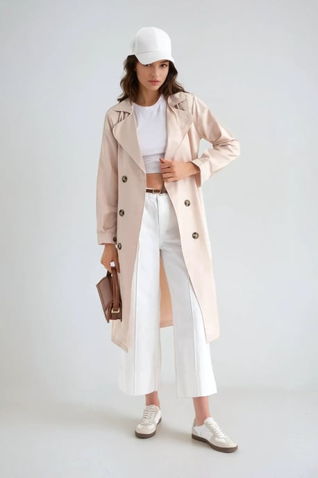 Double-Breasted Belted Long Trench Coat - Image 3
