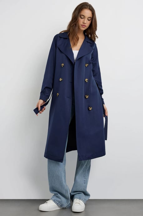 Double-Breasted Belted Long Trench Coat - Image 1