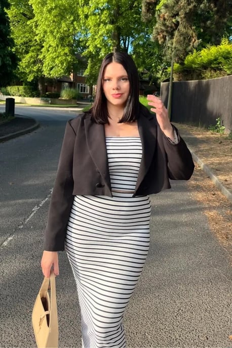 2 Pieces: Striped Strapless Crop top & Striped Mid Rise Midi Skirt - Image 1