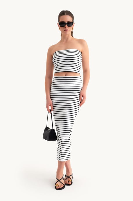 2 Pieces: Striped Strapless Crop top & Striped Mid Rise Midi Skirt - Image 2