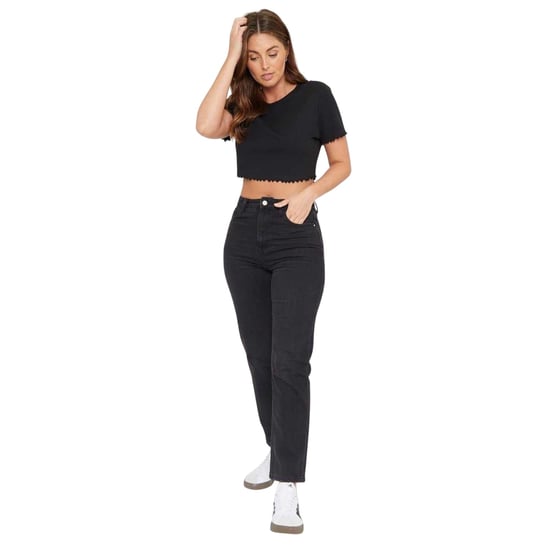 Be You Dames/Dames Effen Geribd Regular Crop T-shirt (Zwart) - Image 1