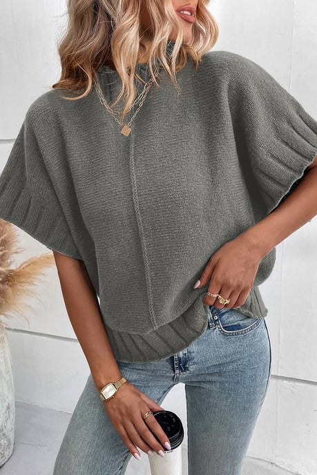 Medium Grey Mock Neck Batwing Short Sleeve Knit Sweater - Image 2