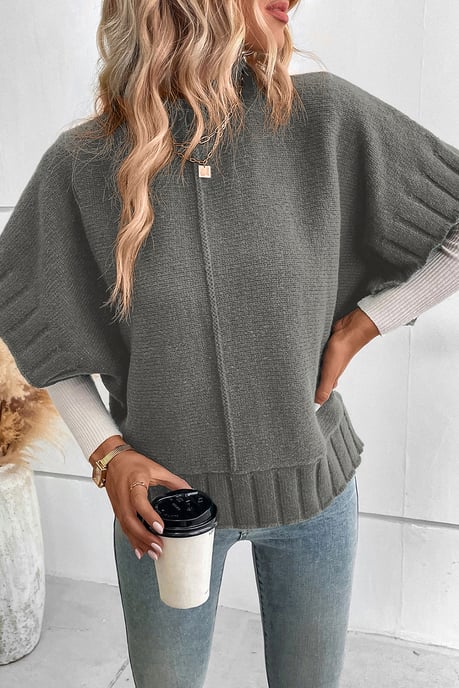 Medium Grey Mock Neck Batwing Short Sleeve Knit Sweater - Image 3