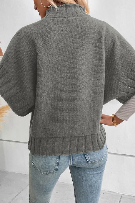 Medium Grey Mock Neck Batwing Short Sleeve Knit Sweater - Image 4