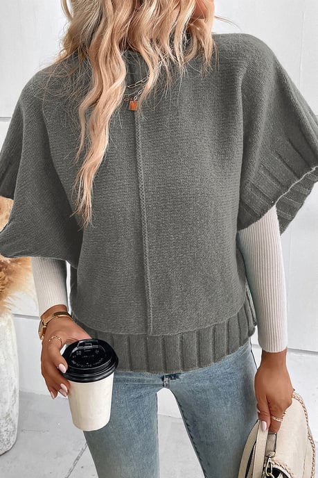 Medium Grey Mock Neck Batwing Short Sleeve Knit Sweater - Image 5