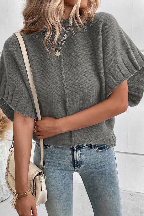 Medium Grey Mock Neck Batwing Short Sleeve Knit Sweater - Image 6