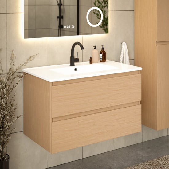 Mirlux Badkamermeubel luma 80 cm licht eiken witte wastafel - Image 2
