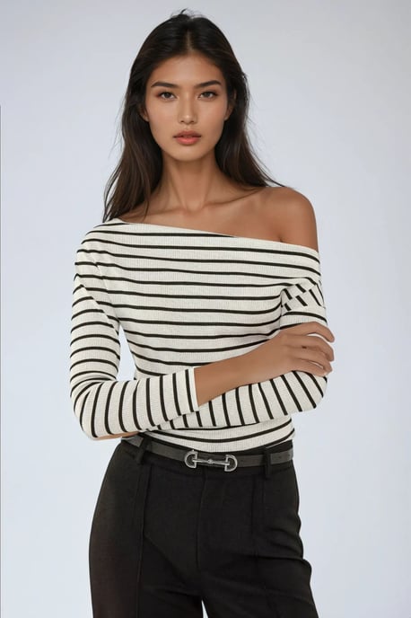 Off-Shoulder Gestreepte Ribbels Lange Mouw Top - Image 2
