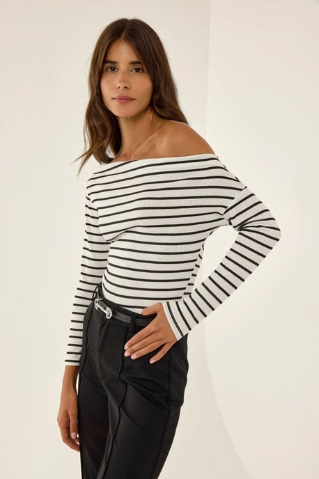 Off-Shoulder Gestreepte Ribbels Lange Mouw Top - Image 4
