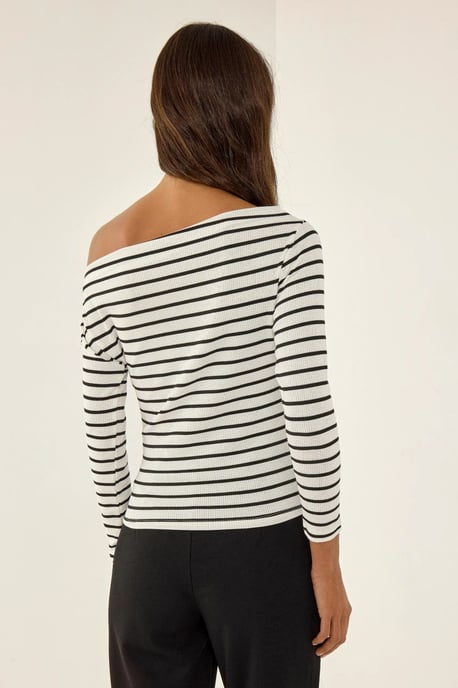 Off-Shoulder Gestreepte Ribbels Lange Mouw Top - Image 5