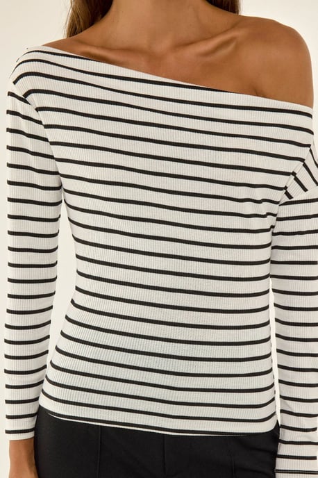 Off-Shoulder Gestreepte Ribbels Lange Mouw Top - Image 6