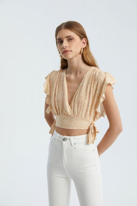 Bloemige V-hals Knoop Zijkant Crop Top - Image 2