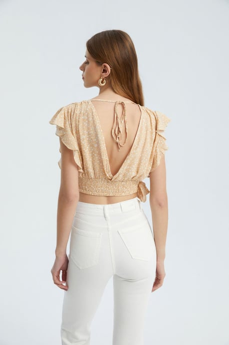 Bloemige V-hals Knoop Zijkant Crop Top - Image 4