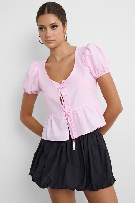 Short Sleeve Tie-Front V-Neck Blouse - Image 1