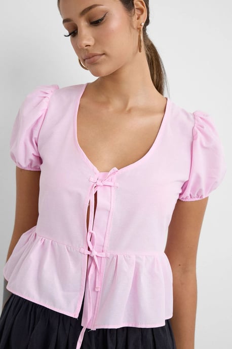 Short Sleeve Tie-Front V-Neck Blouse - Image 5