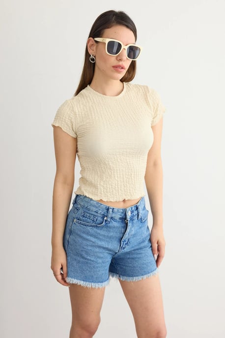 Short-Sleeve Round Neck Cropped Top in Textured Twisted Fabric - Image 1