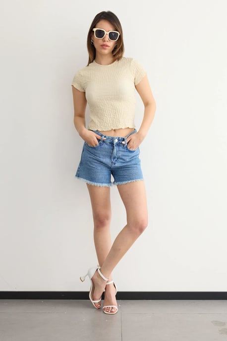 Short-Sleeve Round Neck Cropped Top in Textured Twisted Fabric - Image 2