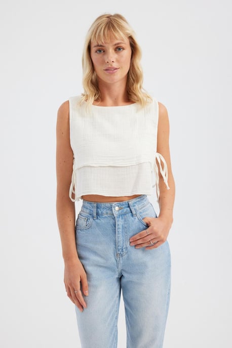 Round Neck Muslin Crop Top with a Tie Side - Image 2
