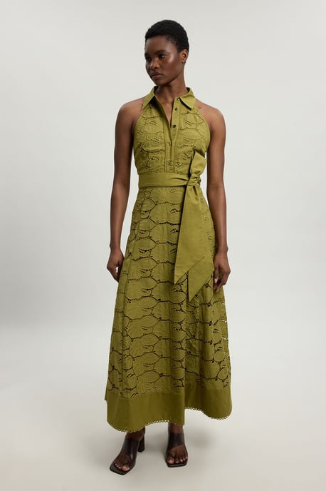 Cutwork Cotton Halterneck Tie Detail Woven Midi Dress - Image 1