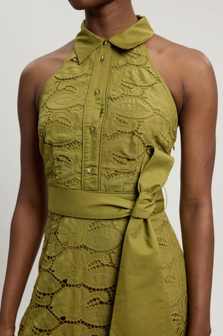 Cutwork Cotton Halterneck Tie Detail Woven Midi Dress - Image 2