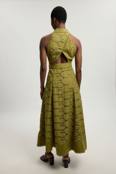 Cutwork Cotton Halterneck Tie Detail Woven Midi Dress - Image 3