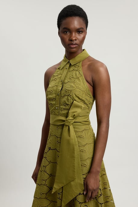 Cutwork Cotton Halterneck Tie Detail Woven Midi Dress - Image 4