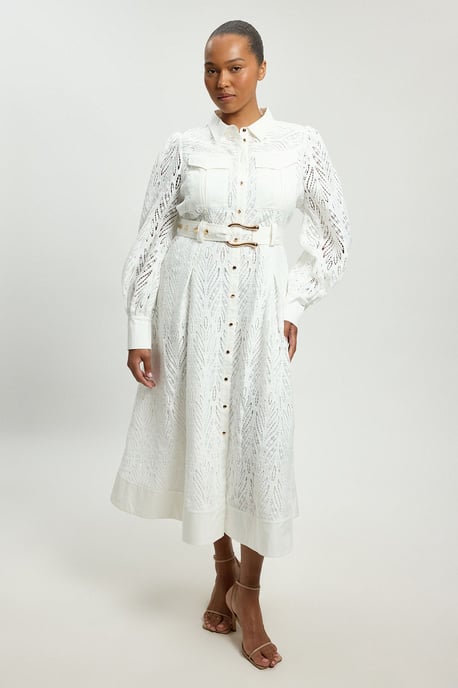 Plus Size Cotton Cutwork Woven Shirt Midi Dress - Image 1