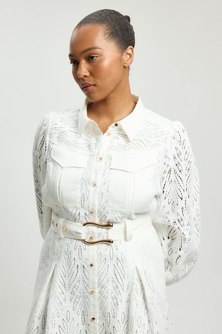 Plus Size Cotton Cutwork Woven Shirt Midi Dress - Image 4
