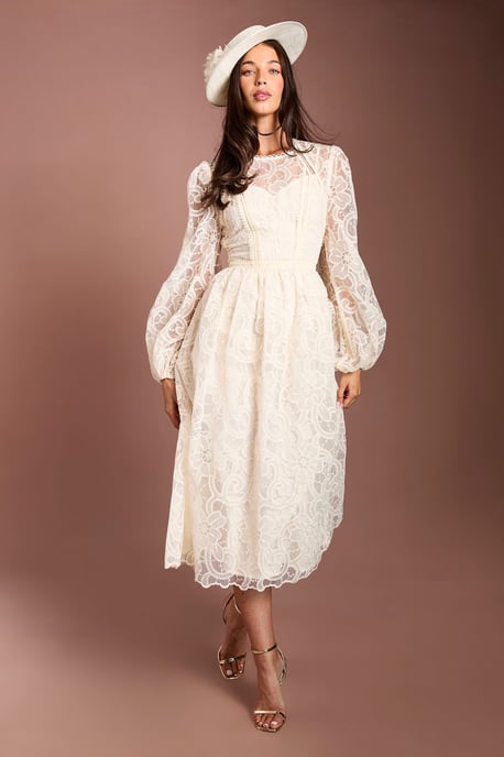 Lisa Tan Sleeve Embroidered Organza Midi Dress - Image 1