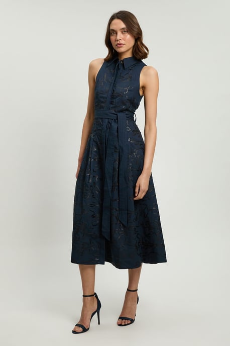 Linen Matte Sequin Collared Midi Dress - Image 1