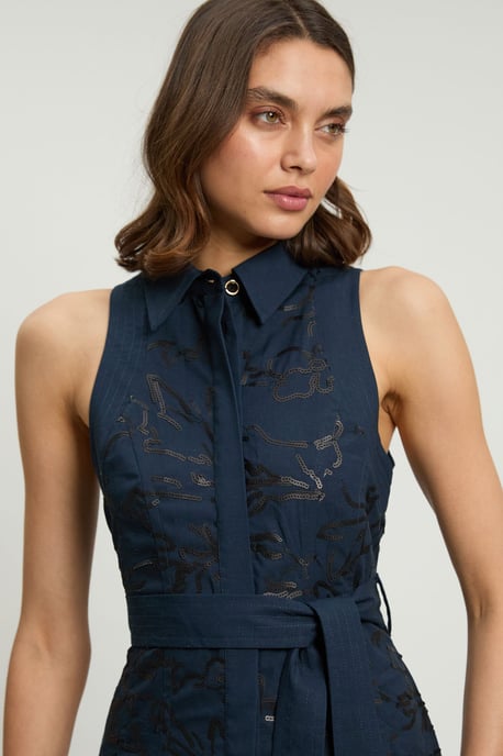 Linen Matte Sequin Collared Midi Dress - Image 4