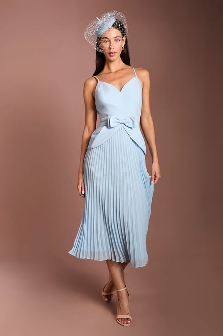 Lisa Tan Bow Detail Crepe Bodice Pleated Midi Dress - Image 1