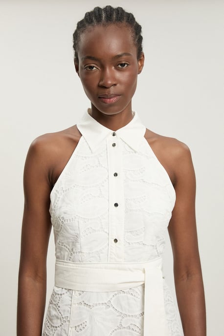 Cutwork Cotton Halterneck Tie Detail Woven Midi Dress - Image 2