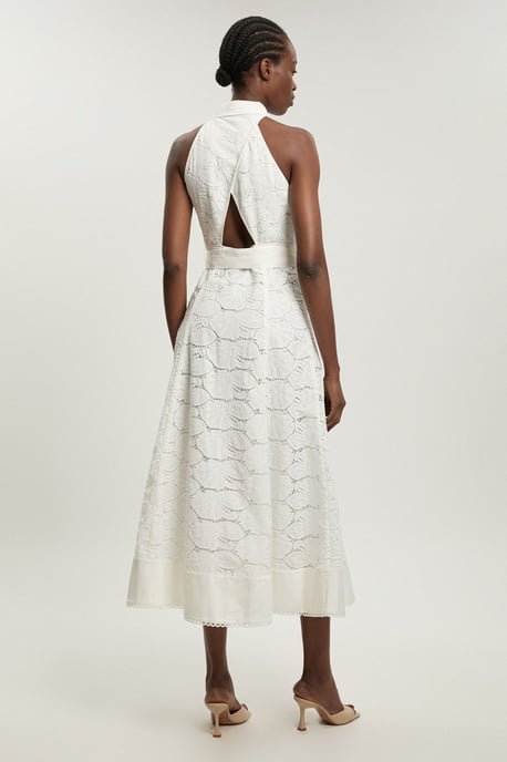 Cutwork Cotton Halterneck Tie Detail Woven Midi Dress - Image 3