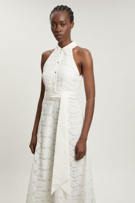 Cutwork Cotton Halterneck Tie Detail Woven Midi Dress - Image 4