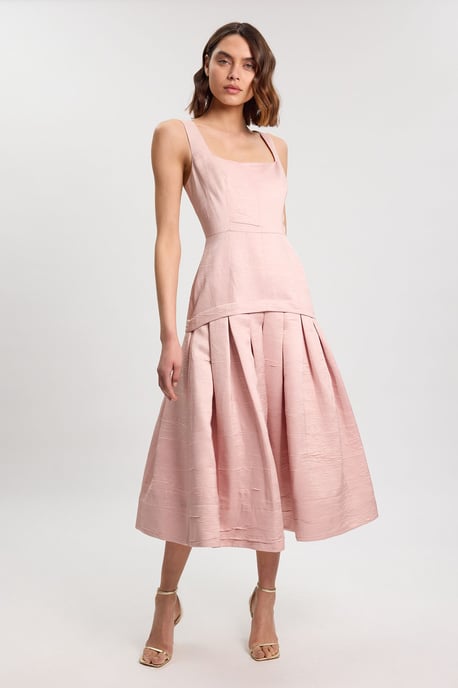 Textured Tailored Twill Full Skirt Midi Dress - Image 1