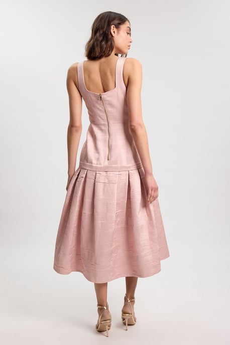 Textured Tailored Twill Full Skirt Midi Dress - Image 3